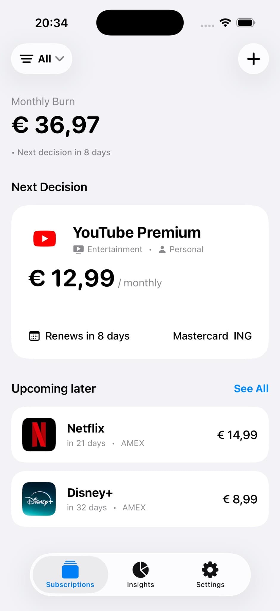 FYM Home Screen - Track all your subscriptions in one place with a clean dark interface